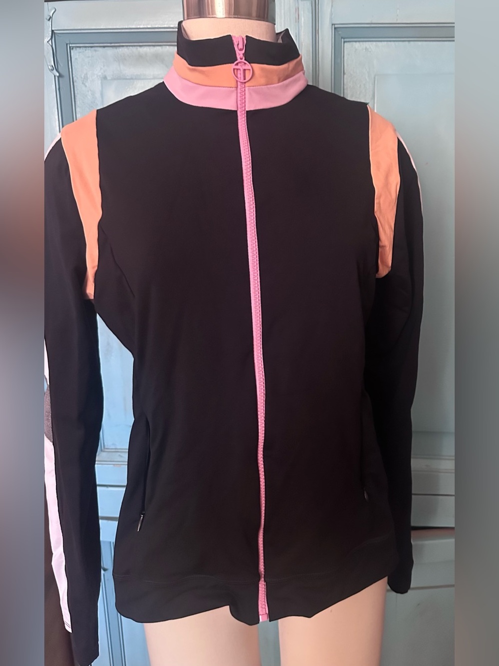 Trina Turk Black Athletic Jacket with Pink Zipper and Peach Shoulder Panels